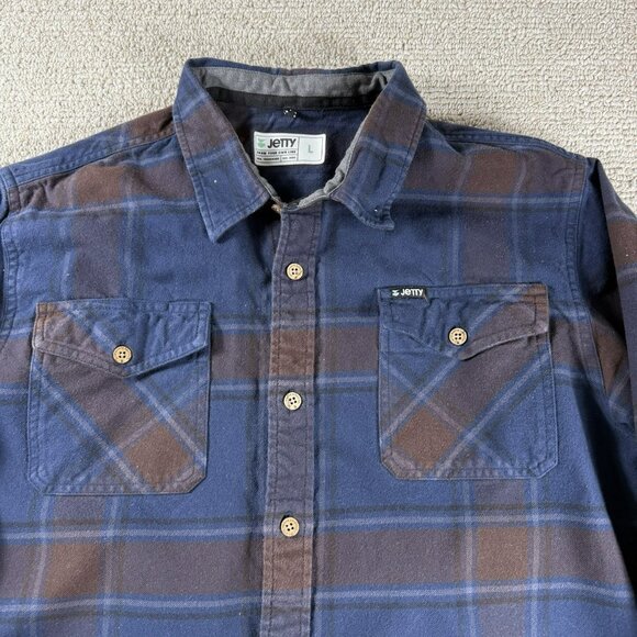 Jetty Marine Supply Co. Plaid Flannel Button Up Shirt Blue Brown Men’s Size L - Picture 2 of 8